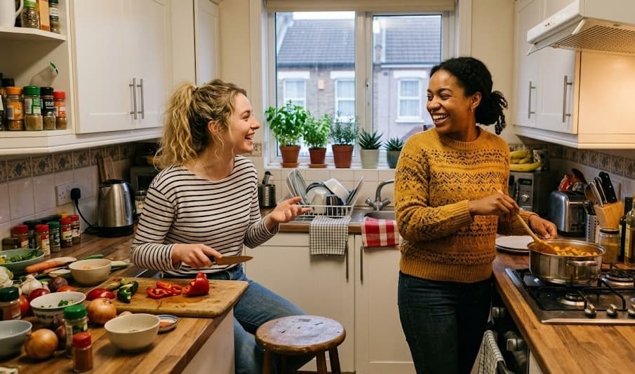 Two residents cooking and laughing together in a bright kitchen